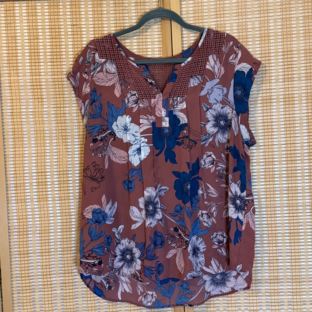 Daniel Rainn Terracotta Floral Crochet Lace Yoke Blouse XXL Mauve Blue Top Boho